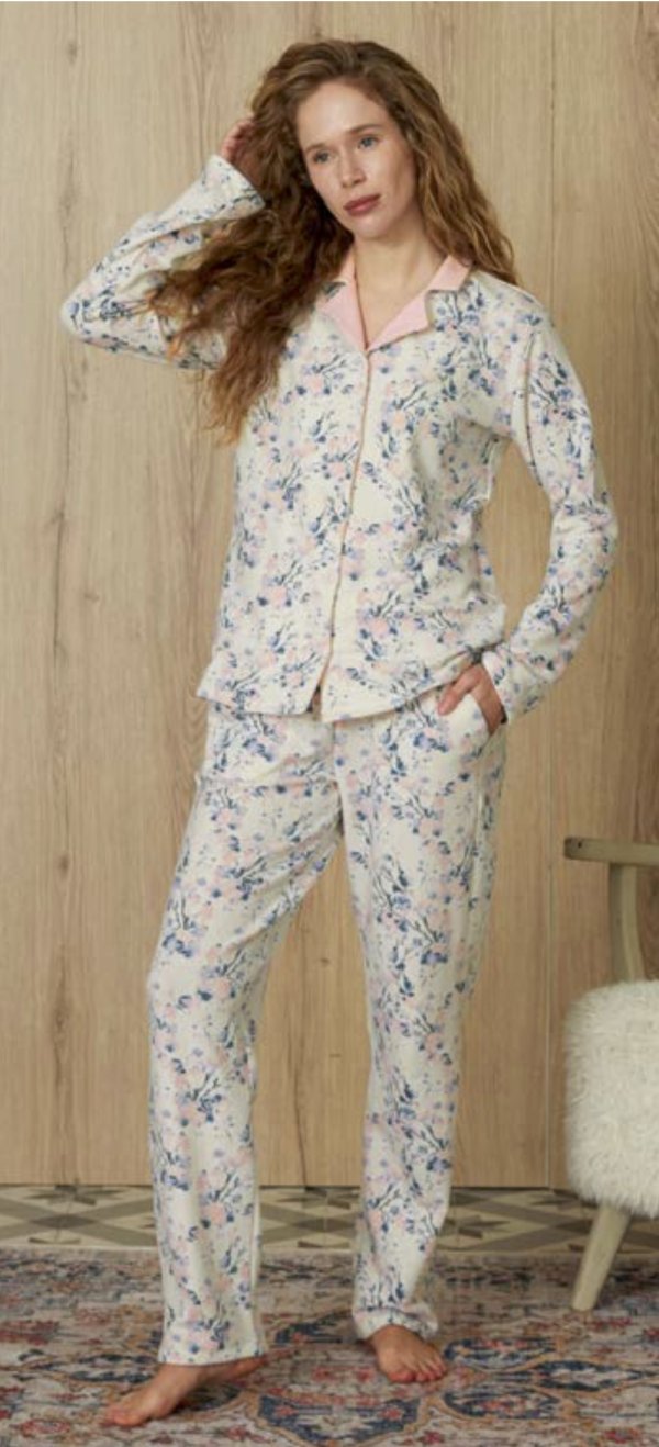 DOREANSE Kadın Ekru Pembe Çiçek Desenli Gömlek Pijama Takımı 4234
