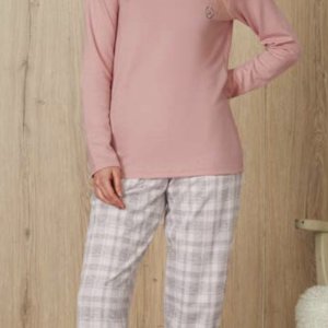 DOREANSE Kadın Gri Kareli Pembe T-Shirt Pijama Takımı 4164
