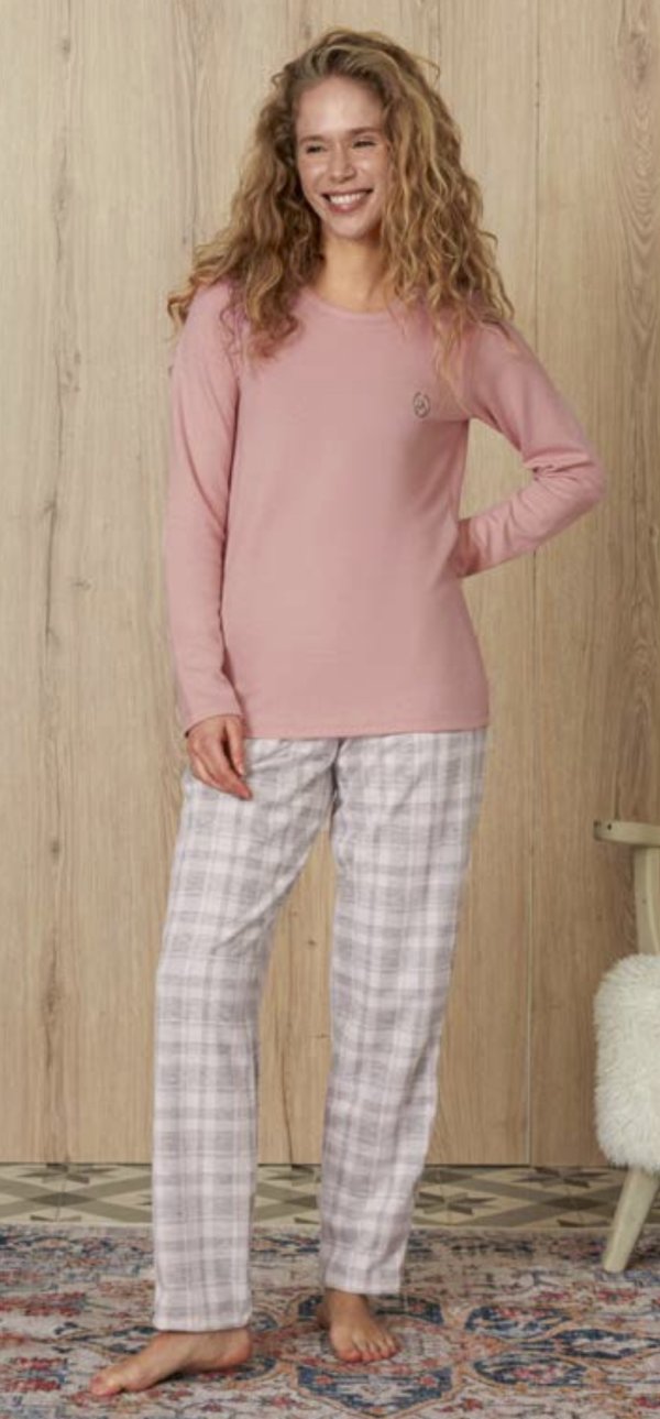 DOREANSE Kadın Gri Kareli Pembe T-Shirt Pijama Takımı 4164