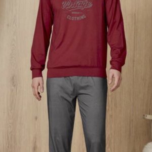 DOREANSE Erkek Bordo Gri Vintage Baskı Desenli T-Shirt Pijama Takımı 4824