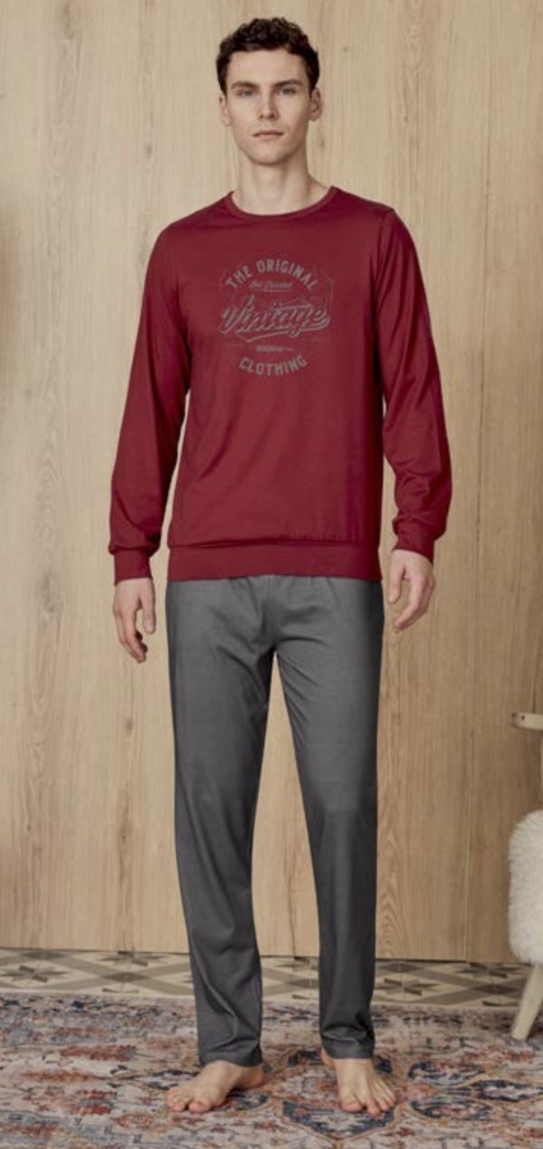 DOREANSE Erkek Bordo Gri Vintage Baskı Desenli T-Shirt Pijama Takımı 4824